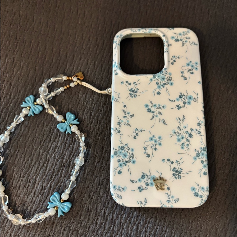 Velvet Caviar Blue and White Floral Phone Case and wristlet for iPhone 15pro